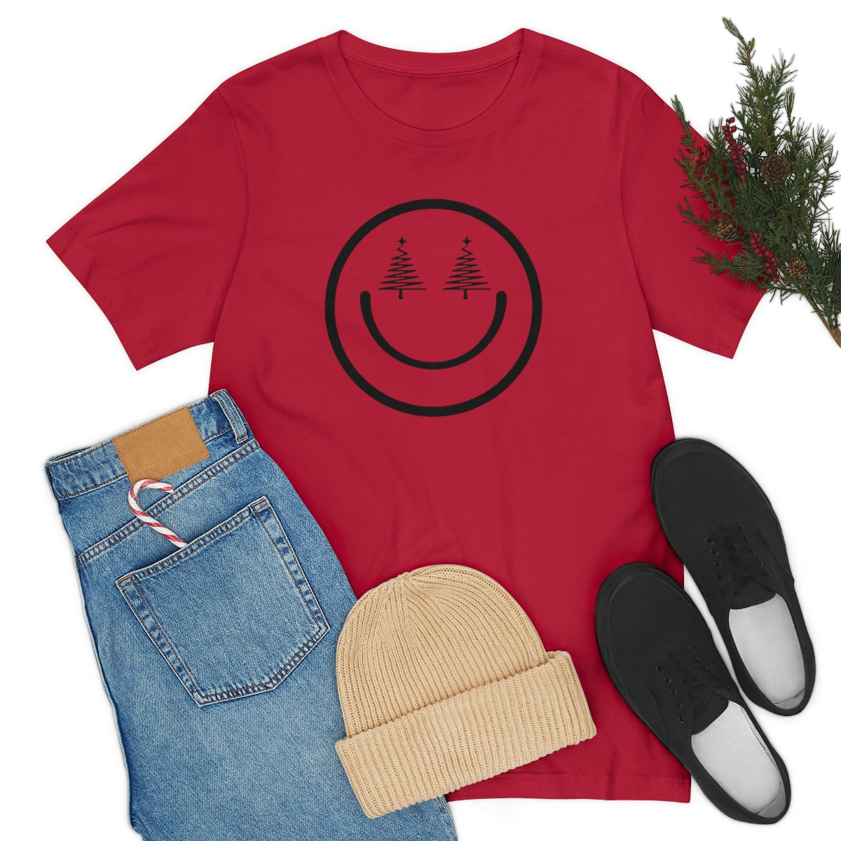 Smiley Face Holiday Trees Unisex Jersey Short Sleeve Tee