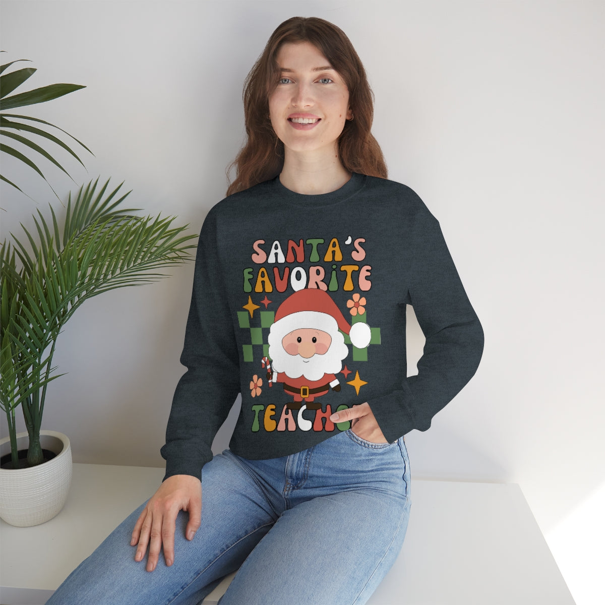 Santa's Favorite Teacher Retro Unisex Heavy Blend™ Crewneck Sweatshirt