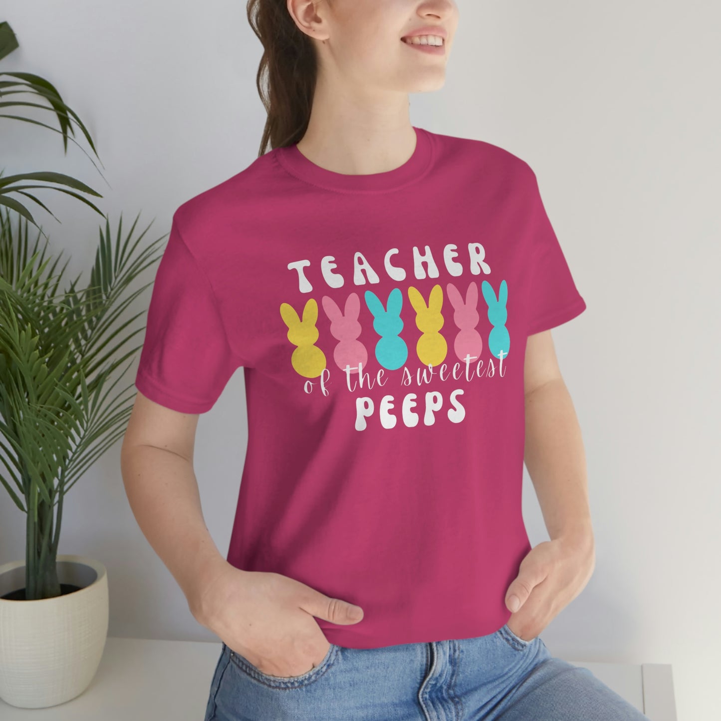 Teacher of the Sweetest Peeps White Lettering Unisex Jersey Short Sleeve Tee