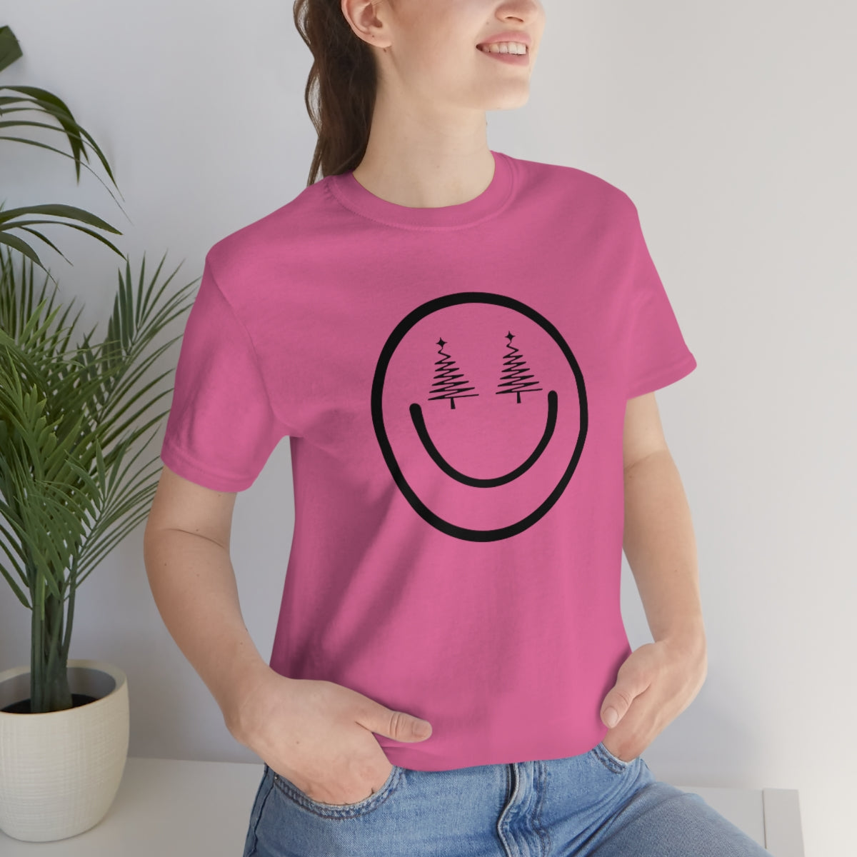 Smiley Face Holiday Trees Unisex Jersey Short Sleeve Tee