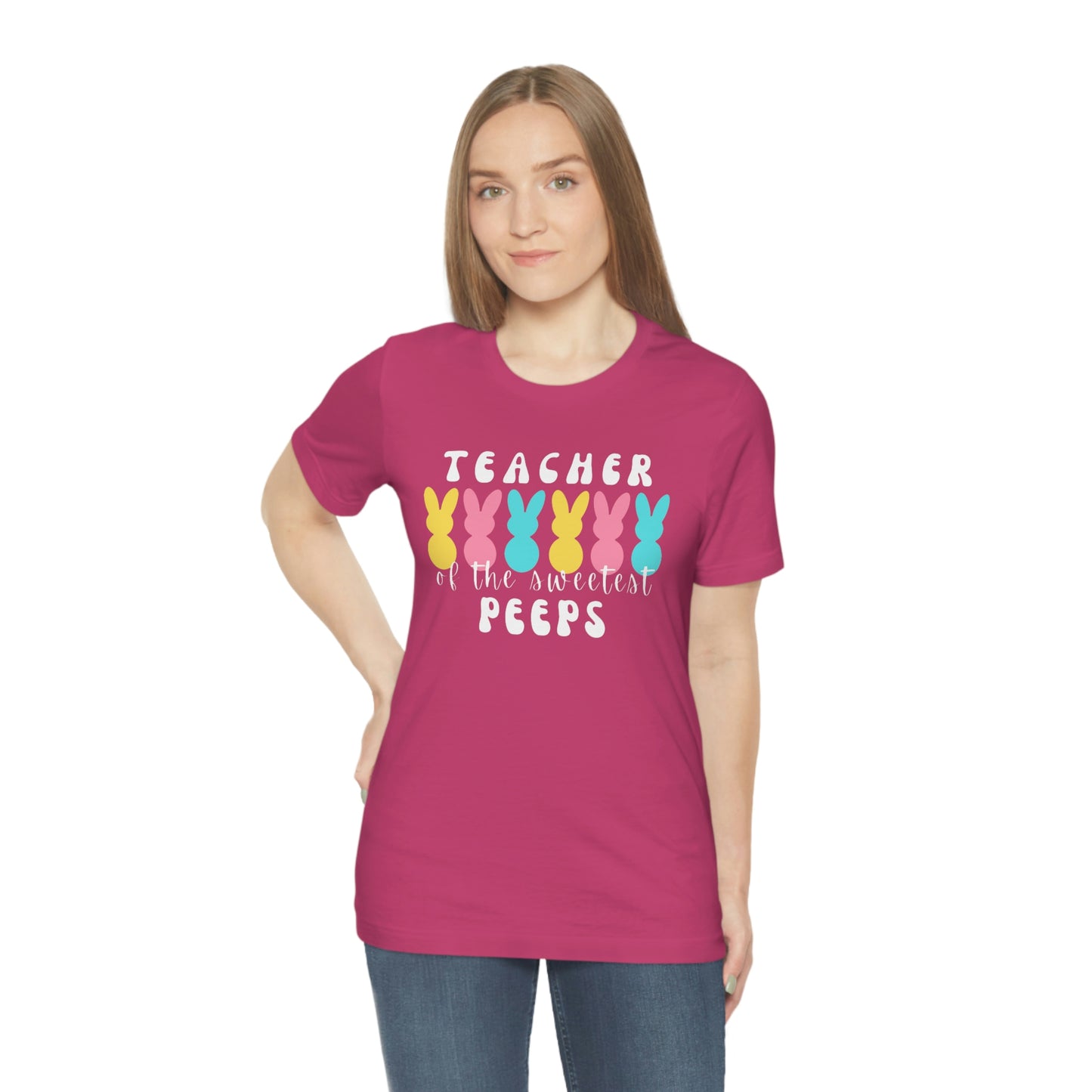 Teacher of the Sweetest Peeps White Lettering Unisex Jersey Short Sleeve Tee