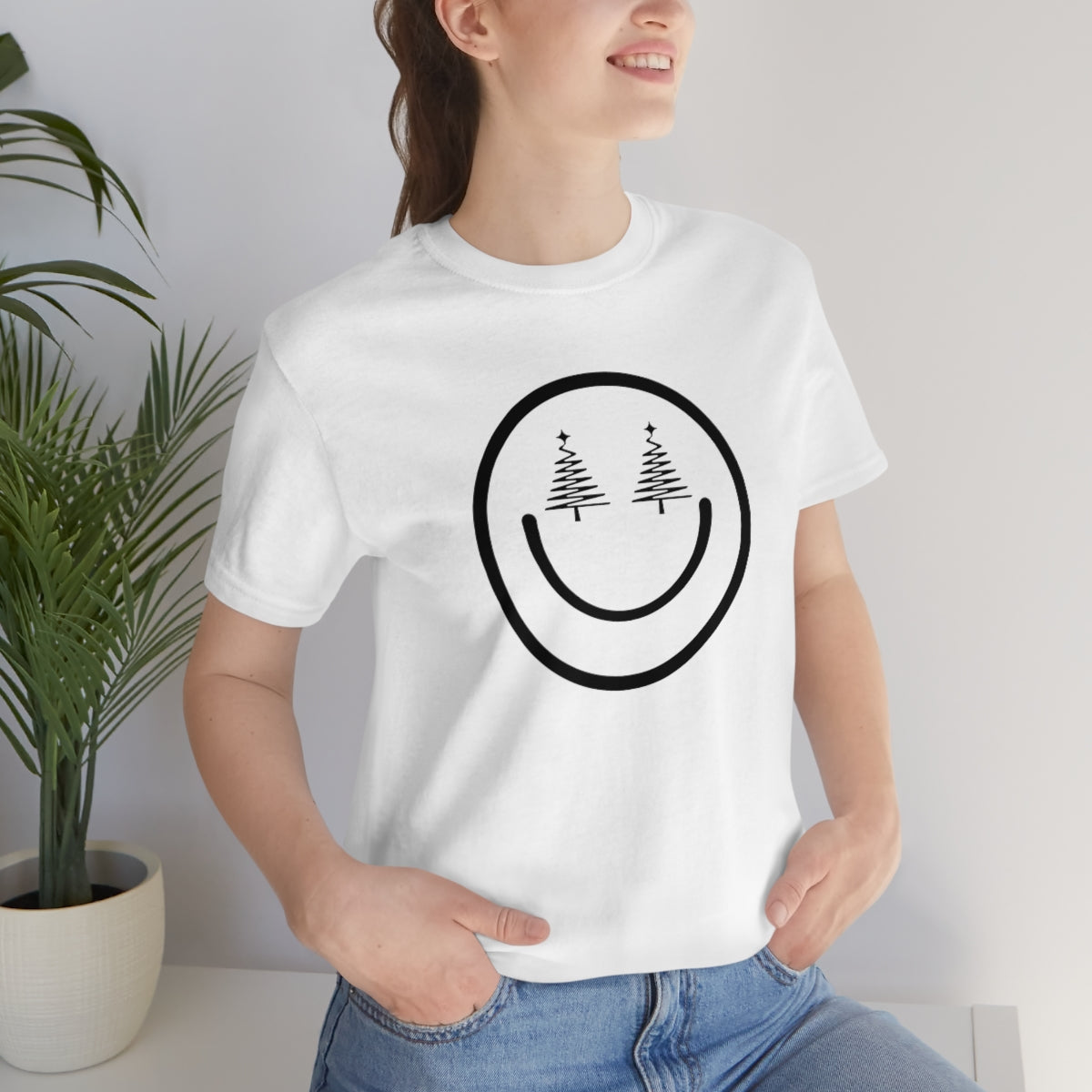 Smiley Face Holiday Trees Unisex Jersey Short Sleeve Tee