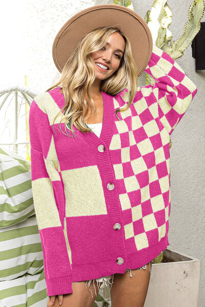 BiBi Pink Checkered Contrast Cardigan