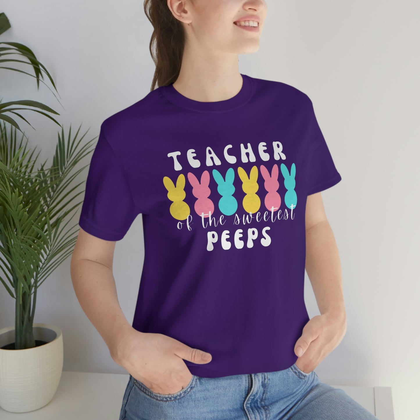 Teacher of the Sweetest Peeps White Lettering Unisex Jersey Short Sleeve Tee