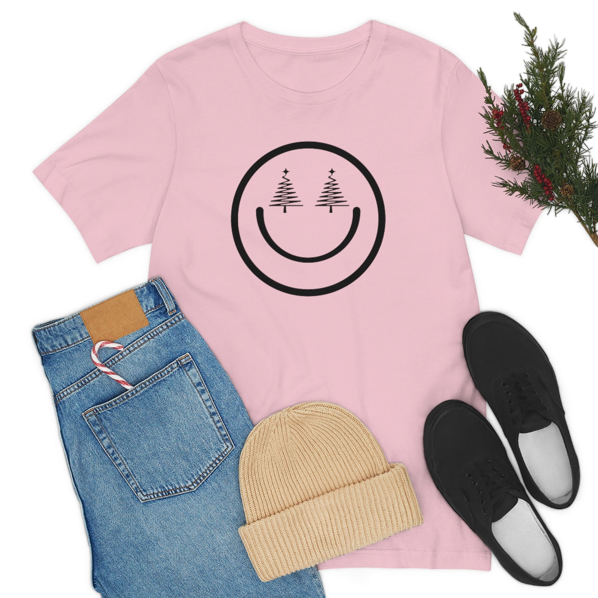 Smiley Face Holiday Trees Unisex Jersey Short Sleeve Tee